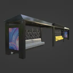 "3D model of a public bus shelter with black structure, yellow and gray seats, television and advertisements. Created using ZBrush, inspired by Charles H. Woodbury and Mac Conner, and available on BlenderKit for use in Blender 3D."