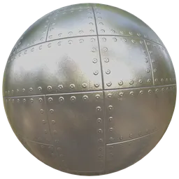 Textured surface of aged, weathered steel with riveted seams for 3D rendering.