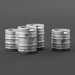 Realistic Blender 3D model render of multiple beer kegs, showcasing different sizes and aging, perfect for beverage-related scenes.