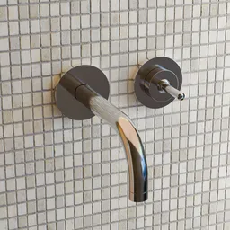 Realistic 3D render of a sleek wall-mounted faucet with water effect, compatible with Blender.