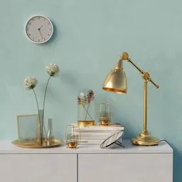 Elegant 3D-rendered interior scene with golden reading lamp, books, and flower decor on a cabinet against a teal wall.