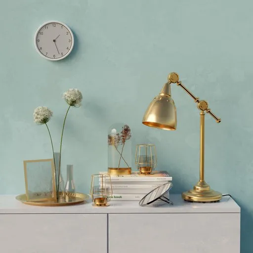 Elegant 3D-rendered interior scene with golden reading lamp, books, and flower decor on a cabinet against a teal wall.
