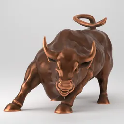 "Discover the Wall Street Charging Bull 3D model, a hyper bullish copper sculpture featuring a ring on its nose. This 3D character is ready to conquer imbalance and display stock charts with stylized shading, perfect for Blender 3D animations. Created with Blender 3D software, it's a must-have addition to any financial district or sculptural collection."