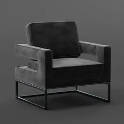 High-quality 3D-rendered velvet accent chair with metal frame for Blender visualization.
