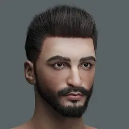 "Realistic 3D model of a masculine human head with beard and mustache on a gray background. Featuring a high-detail, androgynous face with a soft frontal light, this Blender 3D model is perfect for creating personalized data avatars or portraits of young Italian males. Don't forget to search for the 'Smile' shape key to showcase its versatile expressions!"