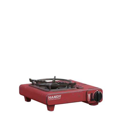 Detailed Blender 3D model of a red portable gas stove with high-resolution textures, perfect for kitchen appliance visualization.