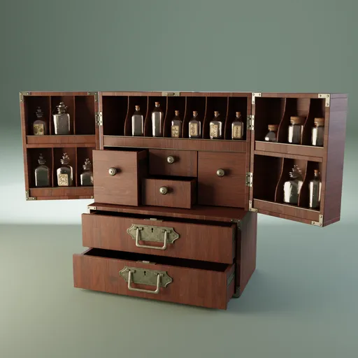 Detailed medieval wooden alchemy box 3D model with open drawers displaying flasks for Blender rendering.