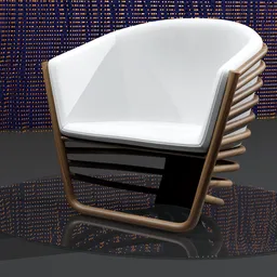 Digital render of a modern armchair with wooden frame and white leather cushioning in Blender 3D.