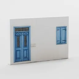 "Low-poly 3D model of a white house with blue door and window, based on a projected photograph. Ideal for Blender 3D creators looking to add a touch of baroque painting style to their projects. Created by Ahmed Yacoubi and Anton Solomoukha."