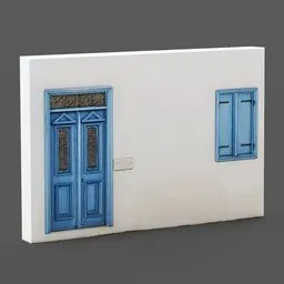 "Low-poly 3D model of a white house with blue door and window, based on a projected photograph. Ideal for Blender 3D creators looking to add a touch of baroque painting style to their projects. Created by Ahmed Yacoubi and Anton Solomoukha."