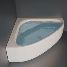 High-quality 3D Blender model showcasing a corner white jacuzzi bathtub filled with water, adjustable water level feature.