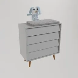 "Baby dresser 1 - a 3D model perfect for your Blender 3D scene. This cute dresser features a small elephant atop a crib, with a white and pale blue toned design. Inspired by Ottilie Maclaren Wallace, the dresser has sunken recessed spots and an attractive pastel color scheme."
