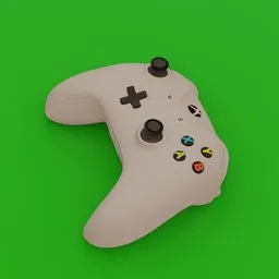 "3D model of a white Xbox One controller on a green surface, rendered in UE5 with a minimal art style. Perfect for gaming enthusiasts and Xbox One accessories collectors. Wireless, joystick, and console controller included."
