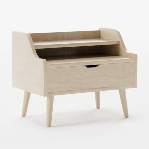 Modern Blender 3D model of a light wood bedside table with angled legs and open drawer.