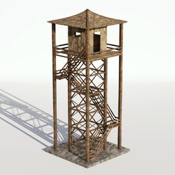 "Explore a weathered, ultra-detailed historic military wooden war turret 3D model in Blender 3D. This reconstruction features a tower with a ladder, roof, walkways, and cell bars resembling the popular castaway film style. Unused design with official product image and metal shading makes it a must-have for war plan enthusiasts."
