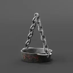 Detailed 3D model of a campfire cooking pan with chain, ideal for Blender renderings in restaurant-bar settings.