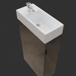 "Modern Bauhaus-inspired white concrete cloakroom sink with metal faucet and matching cupboard. 3D model for Blender 3D, suitable for commercial washrooms. Thin profile design with a flat matte art style, rendered with UE5 and Octane render."
