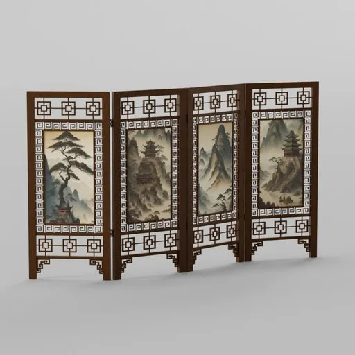 Detailed 3D model of an ancient Chinese landscape painting folding screen for Blender artists.