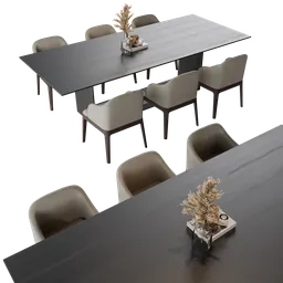 Elegant 3D rendered dining table with chairs and decorative centerpiece, ideal for Blender scenes.