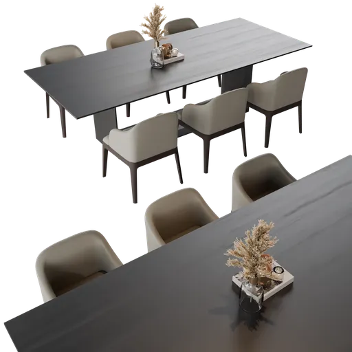 Elegant 3D rendered dining table with chairs and decorative centerpiece, ideal for Blender scenes.