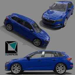 Detailed 2019 Skoda Scala 3D model with interior, VR, game, Eevee, and Cycles ready, 4K textures.