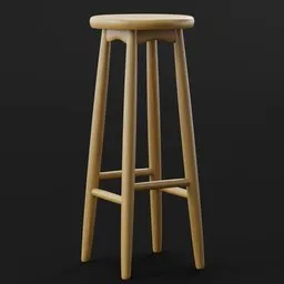 "Modern wooden bar stool for Blender 3D: a close-up view of an award-winning design inspired by Bourgeois, with spotlit proportions in a restaurant-bar setting. This high-quality 3D model, suitable for Unreal Engine, features a sleek black background and is ideal for adding realistic seating options to your virtual projects."