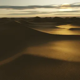 Realistic 3D-rendered desert scene with undulating sand dunes, golden lighting, and sun on horizon, designed for Blender.