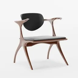 Detailed 3D model of a sculptural wooden chair with cushioned seat and backrest, compatible with Blender rendering.