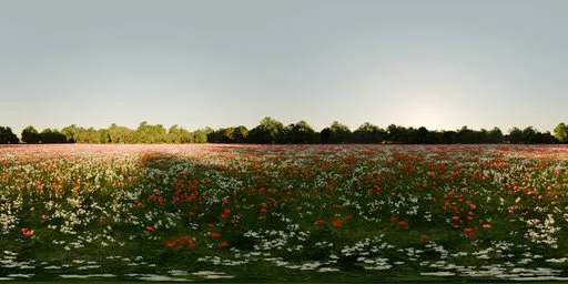 16K HDR of a vibrant poppy field with interspersed white blooms and a forest backdrop under a morning sun.