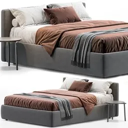 "Queen bed Desiree Blo 84 - a 3D model for Blender 3D, featuring a stylish gunmetal grey design with a brown blanket and pillow. Dimensions of 178x220x84 cm with 450,499 polys, perfect for interior design projects. Unwarping available for easy use."