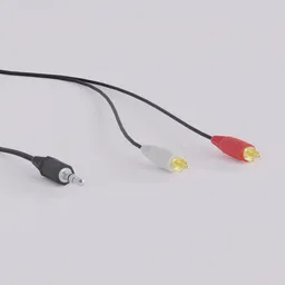 Highly detailed Blender 3D model of a 3.5mm stereo plug to dual RCA jack with realistic textures and removable cables.