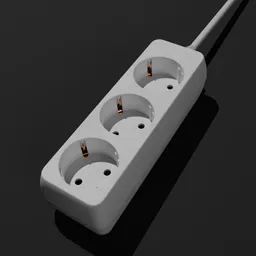 Detailed 3D model of a white power strip with cable, compatible with Blender for industrial design visualization.