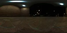 360-degree night-time HDRI of urban streetscape with illuminated shed and parked cars for scene lighting.