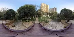 Evening view HDR image featuring a wooden footbridge with urban skyline for scene lighting.