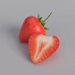 "Handmade high-poly strawberry 3D model for Blender 3D. Includes two halved strawberries and one half-eaten, with decimate mod. Brightly rendered with small heart-shaped features and filmic tonemapping."