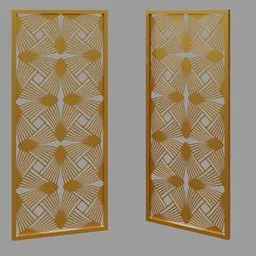 "Golden Partition V Pattern Doors for Interior Decoration - Inspired by Taravat Jalali Farahani and J. Frederick Smith - Perfect for Mid-Century Modern Furniture and Jewelry Display - Blender 3D Model from Elements Category on BlenderKit."