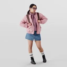 Young Asian female 3D model in casual attire with denim skirt, pink jacket, and backpack, suitable for Blender animation.