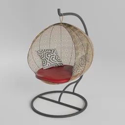 Detailed Blender 3D render of modern hanging swing chair with cushion and metal stand.