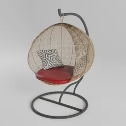 "3D model of a hanging swing chair with cushion, created in Blender 3D and featuring Daz3D Genesis Iray shaders. The design is inspired by I Ketut Soki and includes aerial spaces and a circular face, perfect for a tree house or fire pit setting. Trending on Sketchfab, this model includes hemp netting and a gong for added authenticity."