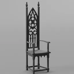 Highly detailed Gothic-style 3D model of a black vintage wooden chair with intricate backrest design, optimal for rendering in Blender.