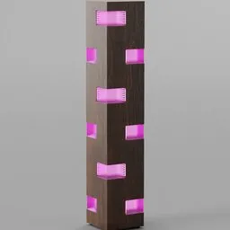 "Ceiling light gamer 3D model designed by FGNR in Blender 3D, featuring a tall wooden display with pink lights inspired by de' Barbari and vertical gardens inspired by Wyczółkowski. Rendered with details similar to Fontana's net art and de stijl, and a touch of purple hues."