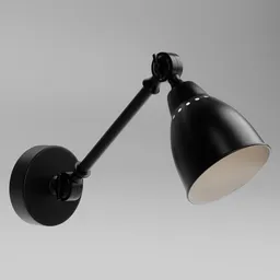 Articulated black metal industrial wall lamp 3D model with adjustable rod and directable focus for Blender rendering.