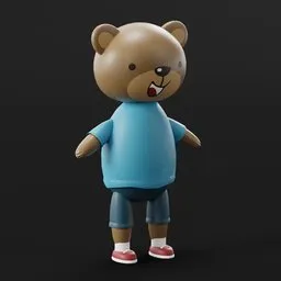 "Cartoon Bear lowpoly, a delightful 3D model for Blender 3D. This mammal-themed character, adorned in a blue shirt, is perfect for creating wildlife-inspired animations. Created by a Korean artist, it features medium poly detailing and has become a popular choice for streaming on Twitch and adding charm to videogames."