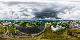 360-degree panoramic HDR of a river curving through a city under an overcast sky, suitable for lighting 3D scenes.