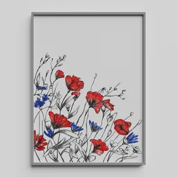 Detailed 3D floral art featuring red poppies and blue cornflowers in a minimalist frame, perfect for Blender rendering.