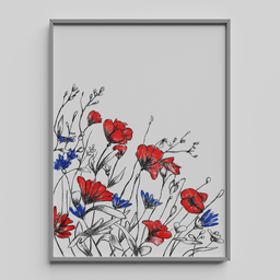 "3D digital painting of cornflowers and poppies in a minimalistic style, created using Blender 3D software. Depicting a field of red and blue flowers, this artwork is perfect for military design-inspired projects. Featured on DeviantArt and available as a poster for canvas printing."