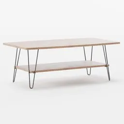 Detailed 3D Blender model of a midcentury modern coffee table with elegant hairpin legs and shelf.