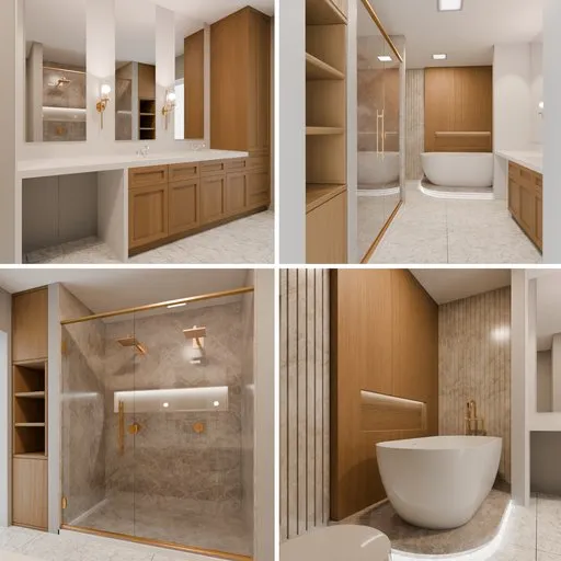 Elegant 3D rendered bathroom interior with modern fixtures and neutral tones.