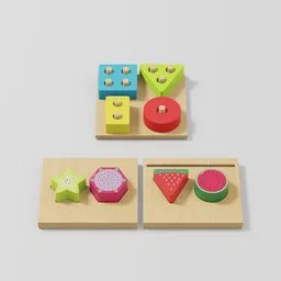 "Discover the charm of wooden toys with this Blender 3D model featuring three interconnecting square shapes adorned with playful fruit embellishments. Created by Kōno Michisei, the highly detailed rounded forms of these wood toys offer endless opportunities for creative play. Perfect for product design renders and softplay, these wood toys are a must-have for any 3D model enthusiast."