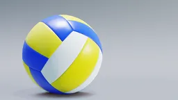 Detailed 3D volleyball model with vibrant blue and yellow design, optimized for Blender rendering.